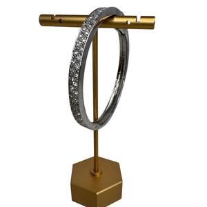 Silver Tone Rhinestone Hinged Bangle Bracelet Double Row Clear Stones Statement